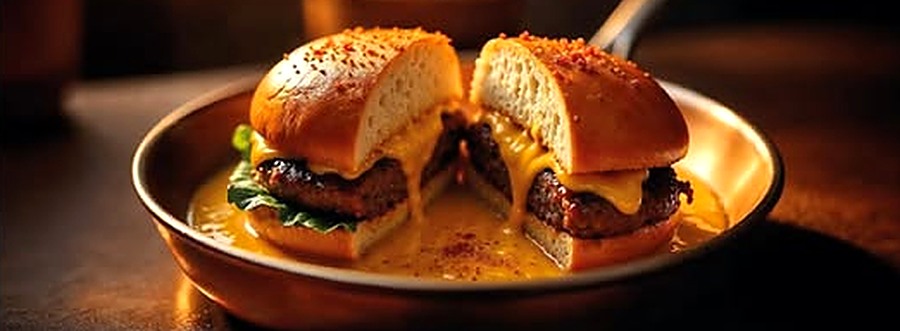 Burger Beef House coupé en deux, fromage fondant